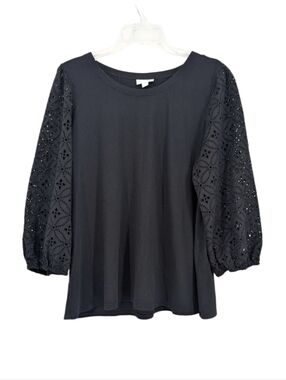 J. Jill Black Eyelet Balloon 3/4 Sleeve Blouse Cotton Blend Spring Minimalist L